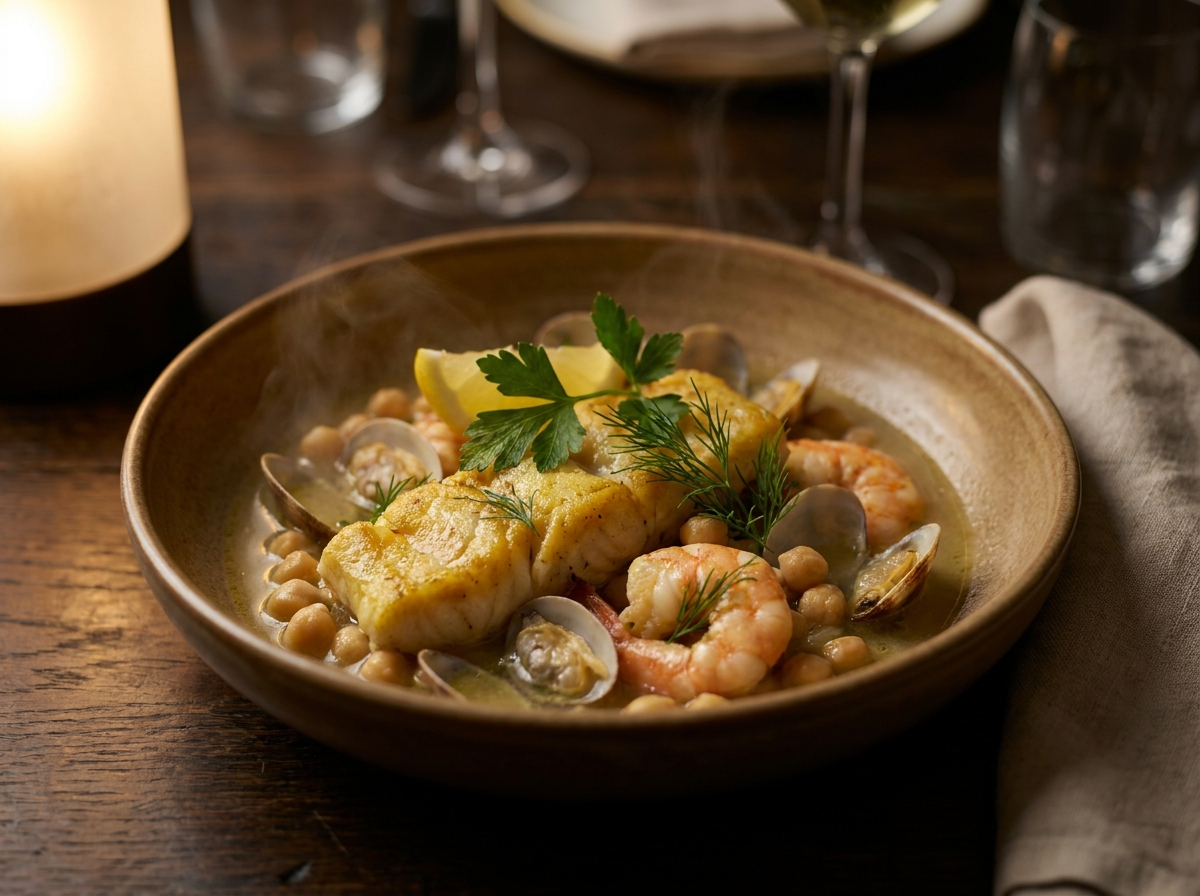 Merluza con garbanzos, gambas y almejas